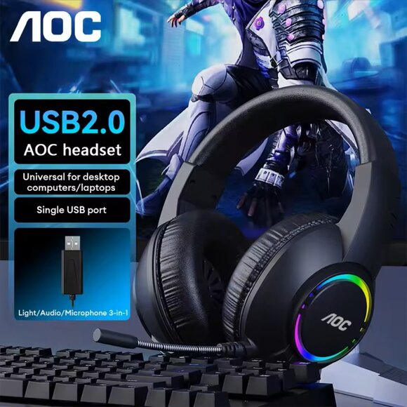AOC USB Gaming Headset Compatible with PS5/4 Nintendo Switch Noise Canceling Mic - Picture 5 of 7